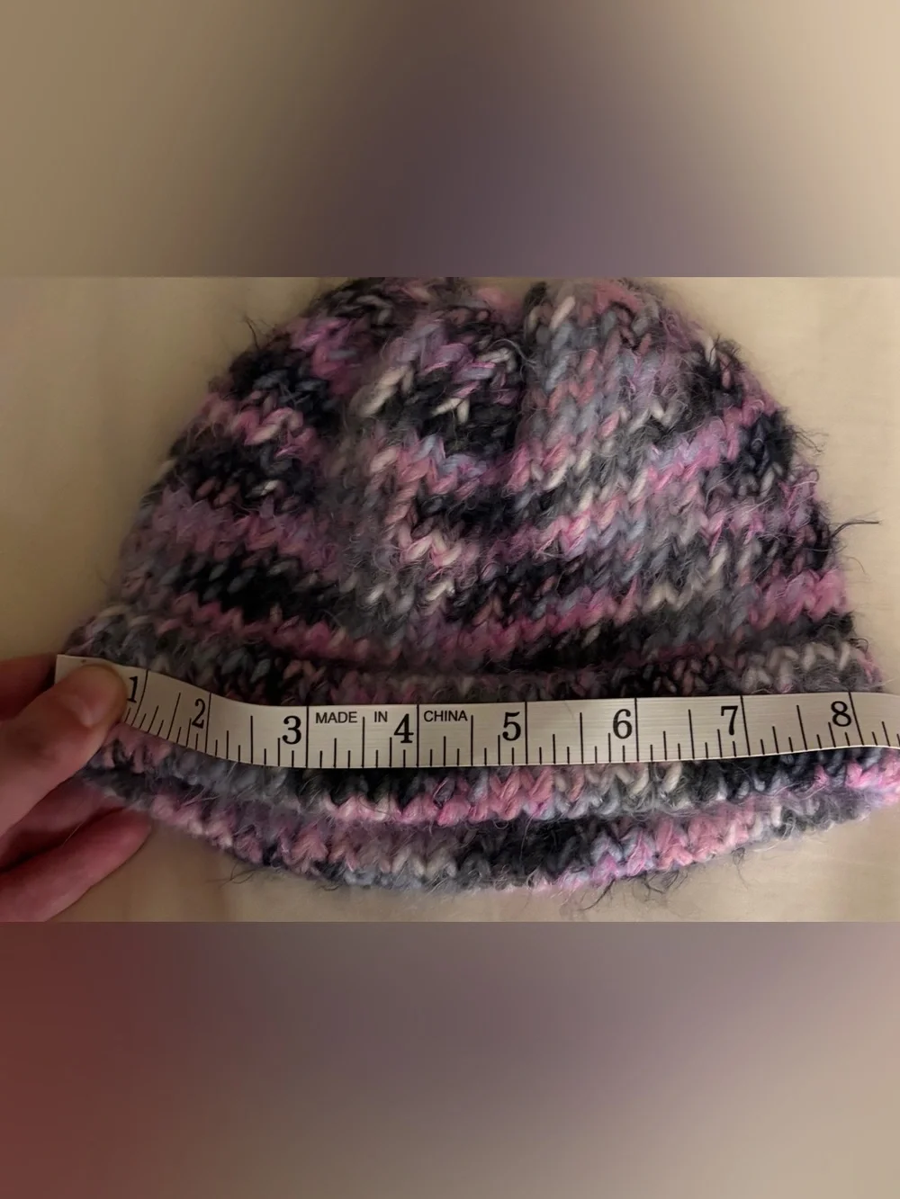 Hand-Knit Multicolor Beanie - Pink & Gray